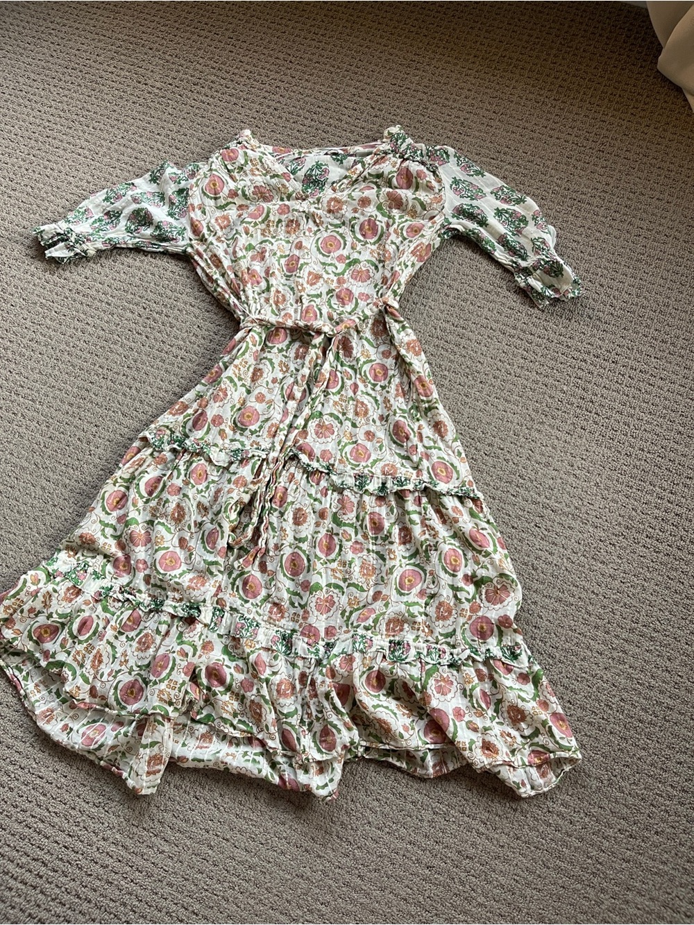 Zara Floral Maxi Dress - Pink & Green on White - M